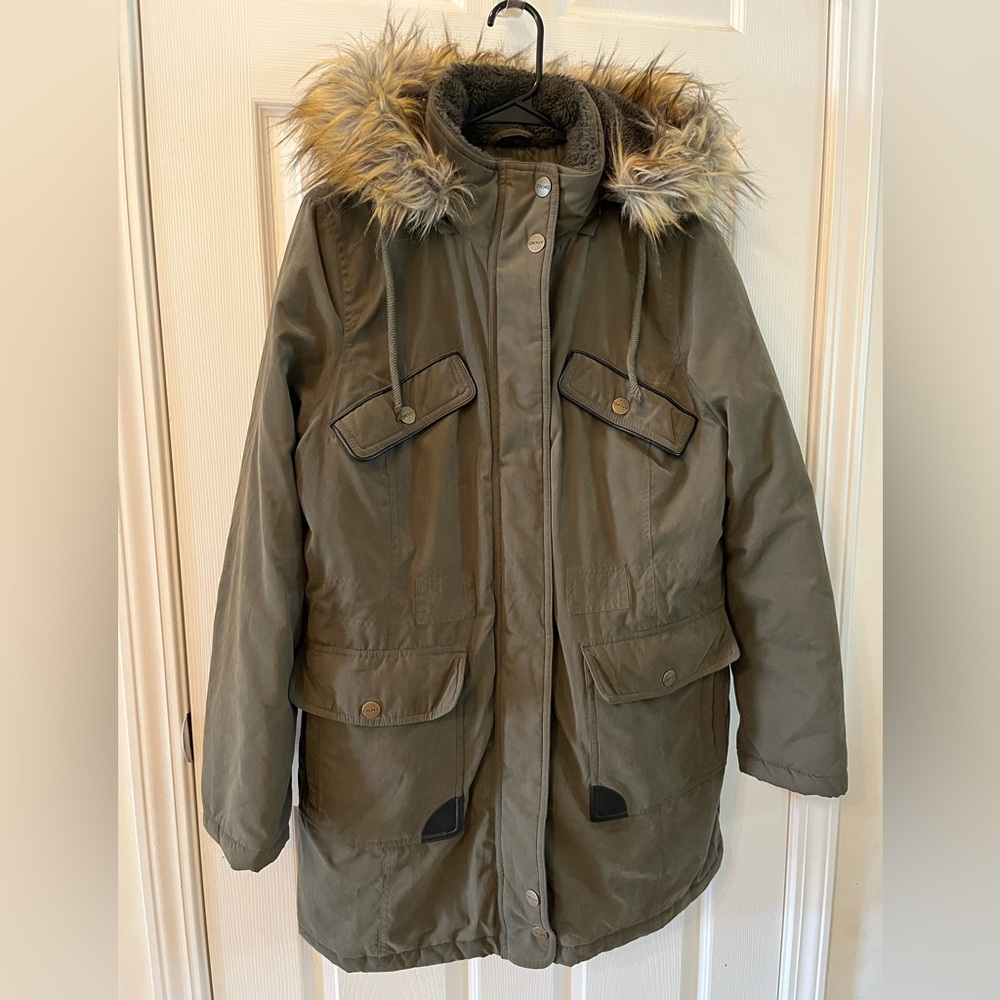 DKNY Women’s Large Hunter Green Faux Fur Lined Hood Button/Zip Coat